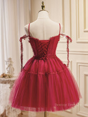 Bridesmaid Dresses Long, Burgundy A-Line Tulle Lace Short Prom Dress, Burgundy Homecoming Dresses