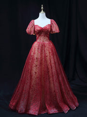 Modest Dress, Burgundy A line Tulle Sequin Long Prom Dress Burgundy Tulle Formal Evening Dress