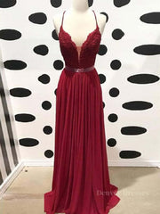 Bridesmaids Dresses Black, Burgundy A Line V Neck Backless Lace Tulle Long Prom Dresses, Burgundy Lace Formal Dresses, Burgundy Evening Dresses