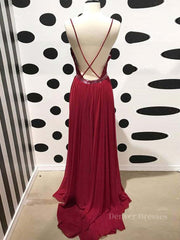 Bridesmaid Dress Black, Burgundy A Line V Neck Backless Lace Tulle Long Prom Dresses, Burgundy Lace Formal Dresses, Burgundy Evening Dresses