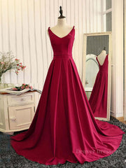 Wedding Theme, Burgundy A Line V Neck Sweep Train Open Back Satin Long Prom Dress, V Neck Burgundy Formal Dress, Backless Evening Dress