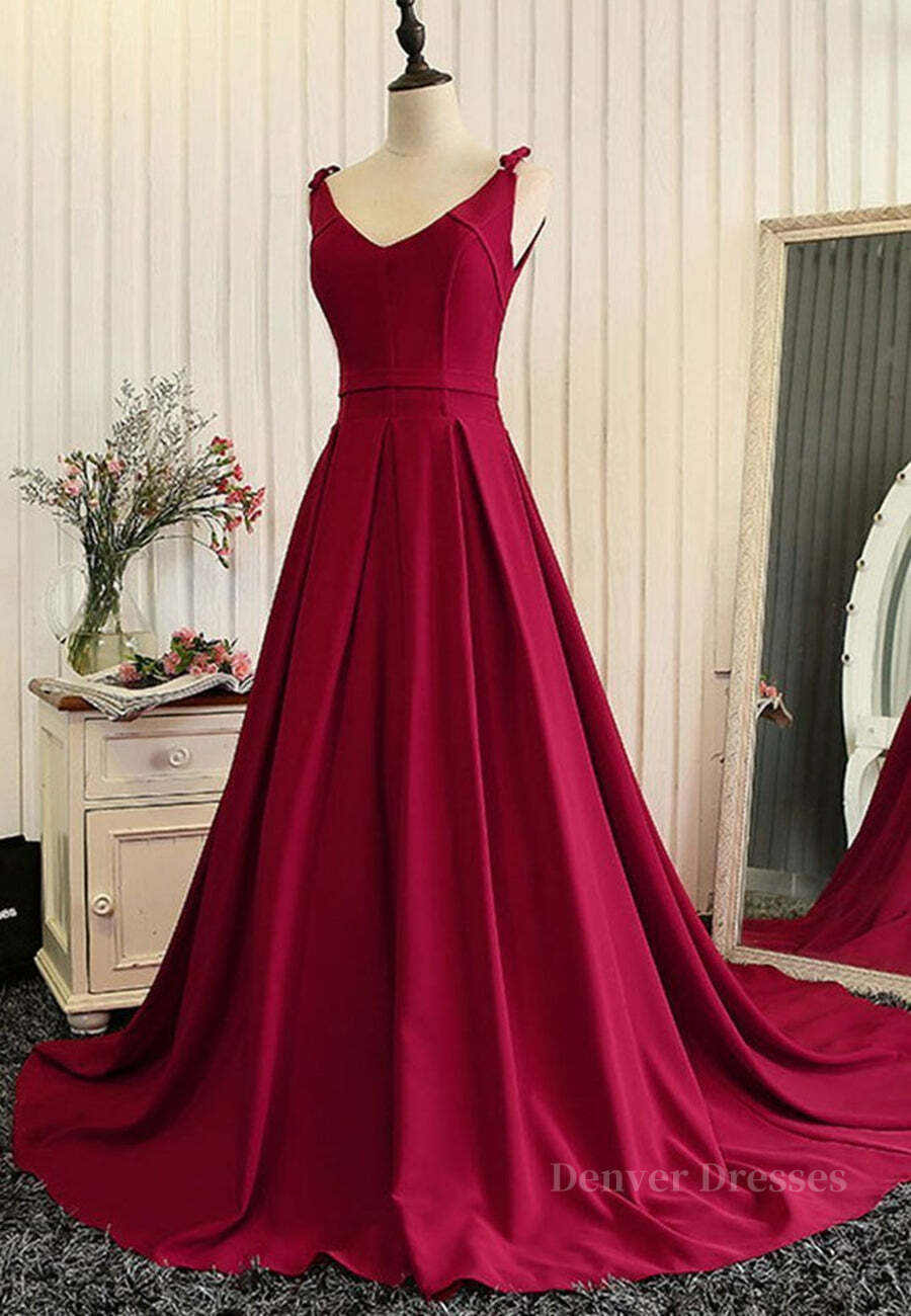 Wedding Flower, Burgundy A Line V Neck Sweep Train Open Back Satin Long Prom Dress, V Neck Burgundy Formal Dress, Backless Evening Dress