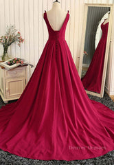 Fall Wedding, Burgundy A Line V Neck Sweep Train Open Back Satin Long Prom Dress, V Neck Burgundy Formal Dress, Backless Evening Dress