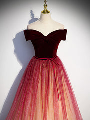 Dinner Outfit, Burgundy Aline Tulle Sequin Long Prom Dress, Velvet Burgundy Formal Party Dress