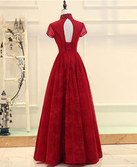 Bridesmaids Dress With Sleeves, Burgundy High Low Lace Long Prom Dress, Burgundy Evening Dress