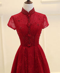 Bridesmaid Dress With Sleeves, Burgundy High Low Lace Long Prom Dress, Burgundy Evening Dress