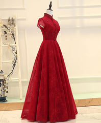 Bridesmaid Dresses Long Sleeves, Burgundy High Low Lace Long Prom Dress, Burgundy Evening Dress