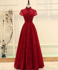 Bridesmaid Dresses With Sleeve, Burgundy High Low Lace Long Prom Dress, Burgundy Evening Dress