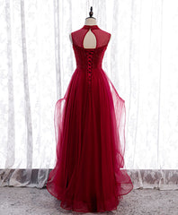 Bridesmaid Dress Trends, Burgundy High Neck Tulle Sequin Beads Long Evening Dresses