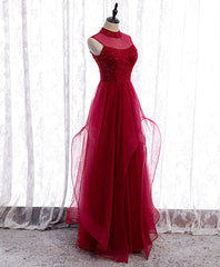 Bridesmaid Dress Color, Burgundy High Neck Tulle Sequin Beads Long Evening Dresses