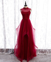 Bridesmaid Dress Long, Burgundy High Neck Tulle Sequin Beads Long Evening Dresses