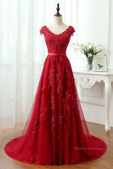 Evening Dresses Online, Burgundy Lace Prom Dresses with Train, Wine Red Lace Formal Evening Dresses