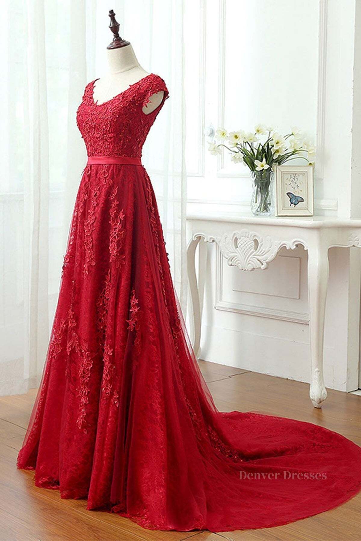 Evening Dresses Cheap, Burgundy Lace Prom Dresses with Train, Wine Red Lace Formal Evening Dresses