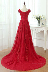 Evening Dress Elegant, Burgundy Lace Prom Dresses with Train, Wine Red Lace Formal Evening Dresses