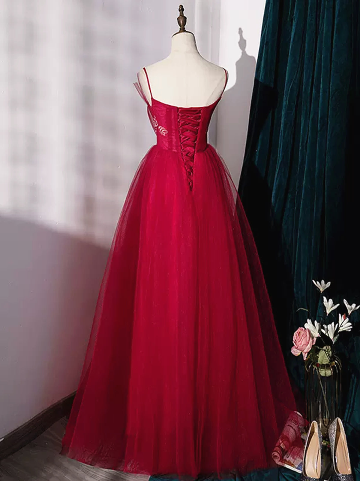 Formal Dresses Cheap, Burgundy Layered Tulle Long Prom Dresses, Wine Red Long Formal Evening Dresses