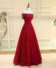 Party Dress Reception Wedding, Burgundy Line  Lace Long Prom Dress, Burgundy Evening Dress