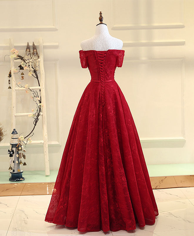 Party Dress Red Colour, Burgundy Line  Lace Long Prom Dress, Burgundy Evening Dress