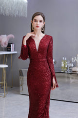 110 Prom Dress, Long Sleeve V Neck Floor Length Crystal Beaded Sequins Mermaid Prom Dresses