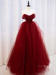 Prom Dresses Fitting, Burgundy off shoulder tulle lace long prom dress burgundy formal dress