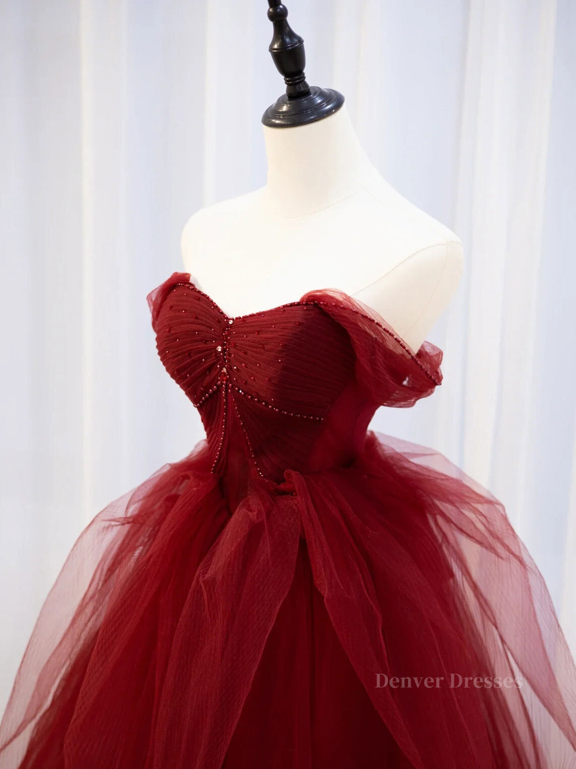 Prom Dress Long Formal Evening Gown, Burgundy off shoulder tulle lace long prom dress burgundy formal dress