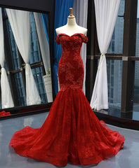 Wedding Color, Burgundy Off Shoulder Tulle Lace Mermaid Long Prom Dress, Burgundy Evening Dress