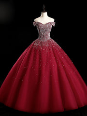 Black Gown, Burgundy Off Shoulder Tulle Sequin Long Prom Dress, Burgundy Sweet 16 Dress