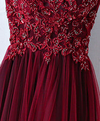 Party Dresses Classy Elegant, Burgundy One Shoulder Long Prom Dress, Lace Evening Dress