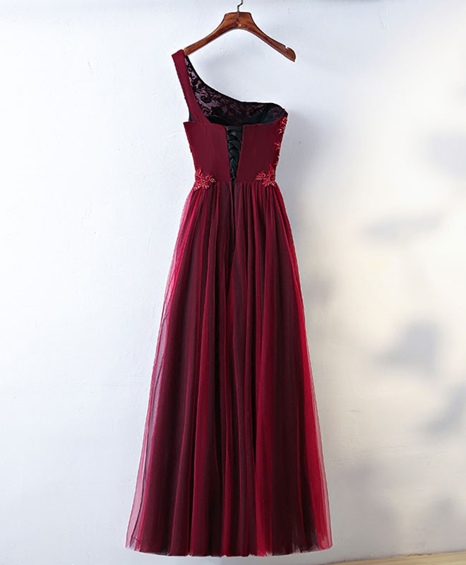 Party Dress Classy Elegant, Burgundy One Shoulder Long Prom Dress, Lace Evening Dress