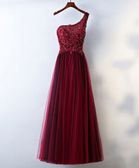 Party Dress Size 19, Burgundy One Shoulder Long Prom Dress, Lace Evening Dress