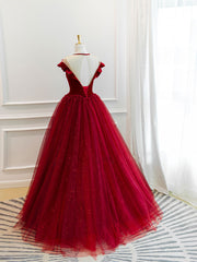 Homecoming Dress Under 52, Burgundy Round Neck Tulle Lace Long Prom Dress, Burgundy Evening Dress