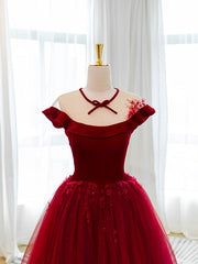 Homecomming Dresses Cute, Burgundy Round Neck Tulle Lace Long Prom Dress, Burgundy Evening Dress