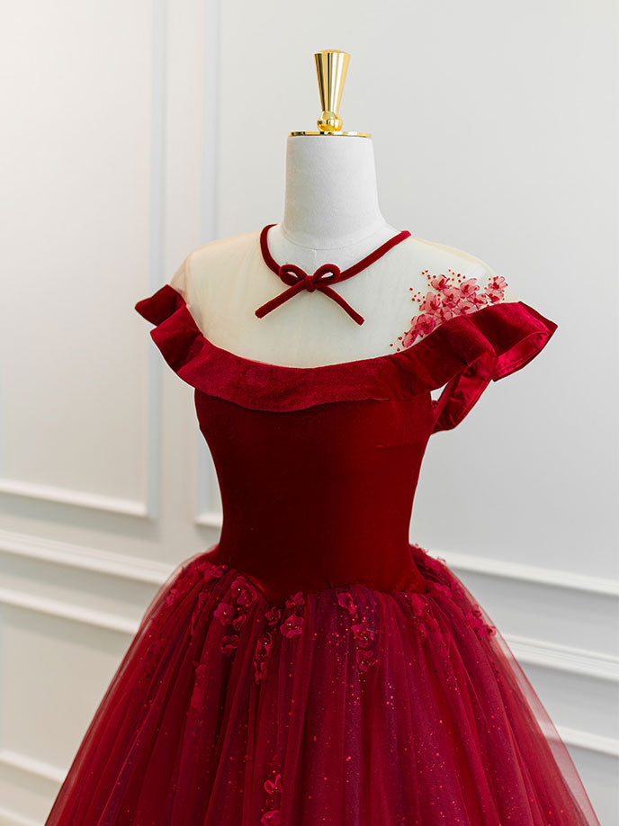 Homecoming Dresses Cute, Burgundy Round Neck Tulle Lace Long Prom Dress, Burgundy Evening Dress