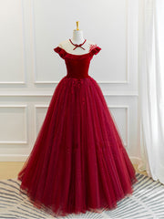 Homecoming Dresses Under 52, Burgundy Round Neck Tulle Lace Long Prom Dress, Burgundy Evening Dress