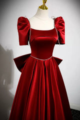 Party Dress India, Burgundy Satin Long Prom Dress, A-Line Evening Dress with Bow