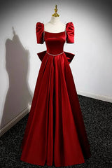 Party Dresses Clubwear, Burgundy Satin Long Prom Dress, A-Line Evening Dress with Bow