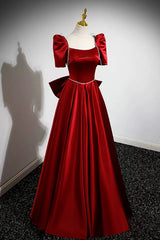 Party Dress Satin, Burgundy Satin Long Prom Dress, A-Line Evening Dress with Bow