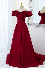 Formal Dress Outfit, Burgundy Satin Long Prom Dress, A-Line Off Shoulder Evening Party Dress
