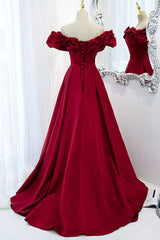 Formal Dressing Style, Burgundy Satin Long Prom Dress, A-Line Off Shoulder Evening Party Dress