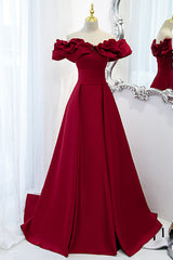 Formal Dresses Outfit, Burgundy Satin Long Prom Dress, A-Line Off Shoulder Evening Party Dress