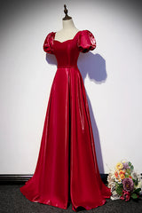 Formal Wedding Guest Dress, Burgundy Satin Long Prom Dress, Simple A-Line Evening Dress