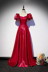 Modest Prom Dress, Burgundy Satin Long Prom Dress, Simple A-Line Evening Dress