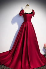 Evening Dress With Sleeve, Burgundy Satin Long Prom Dress, Simple A-Line Evening Party Dress