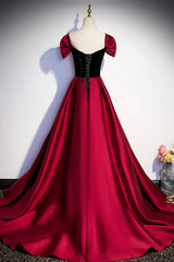 Evening Dress With Sleeves, Burgundy Satin Long Prom Dress, Simple A-Line Evening Party Dress