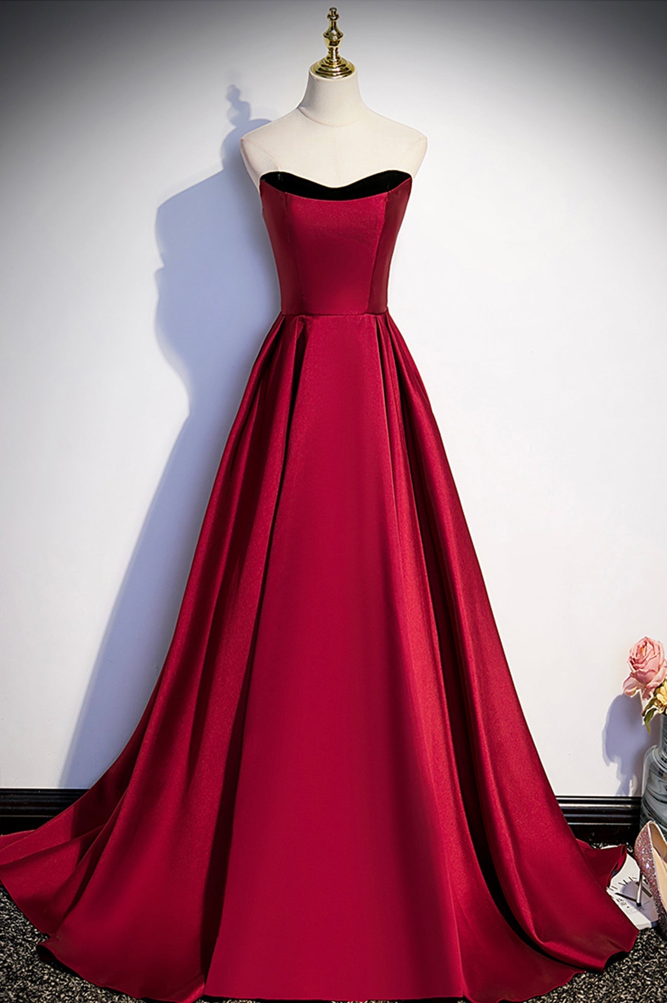 Evening Dresses Floral, Burgundy Satin Long Prom Dress, Simple A-Line Evening Party Dress