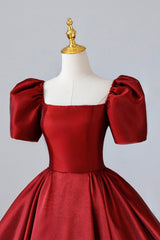 Formal Dresses On Sale, Burgundy Satin Long Prom Dress, Simple A-Line Short Sleeve Evening Dress
