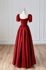 Formal Dress On Sale, Burgundy Satin Long Prom Dress, Simple A-Line Short Sleeve Evening Dress