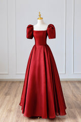 Formal Dress Black, Burgundy Satin Long Prom Dress, Simple A-Line Short Sleeve Evening Dress
