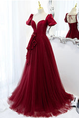 Bridesmaid Dresses Blush Pink, Burgundy Satin Tulle Long Prom Dress, A-Line Short Sleeve Evening Party Dress