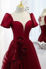 Elegant Wedding Dress, Burgundy Satin Tulle Long Prom Dress, A-Line Short Sleeve Evening Party Dress