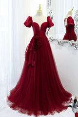 Bridesmaid Dress Blush Pink, Burgundy Satin Tulle Long Prom Dress, A-Line Short Sleeve Evening Party Dress